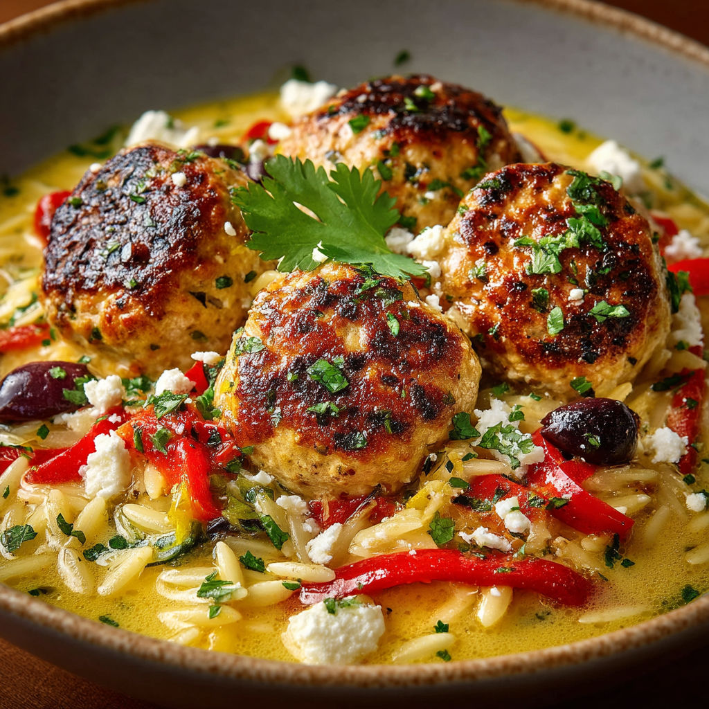 Boulettes de poulet et orzo aux poivrons et feta.