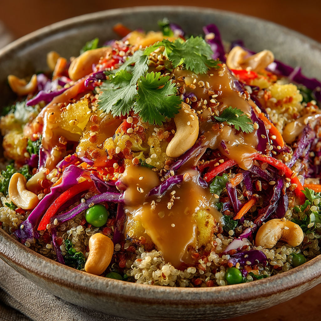 Une assiette de quinoa avec sauce Thaï.