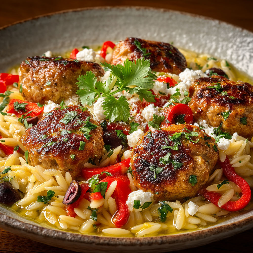 Une assiette de pâtes avec des boulettes de viande et des légumes.