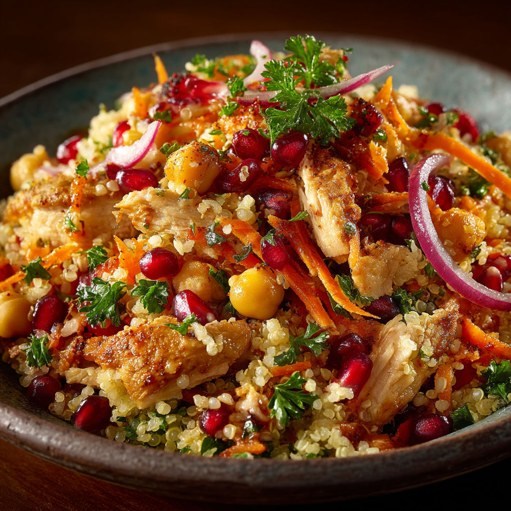 Une salade de poulet et de légumes colorés.