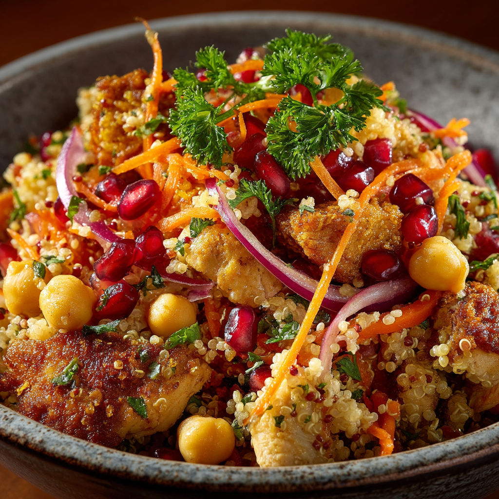 Une salade de poulet et de légumes colorés.
