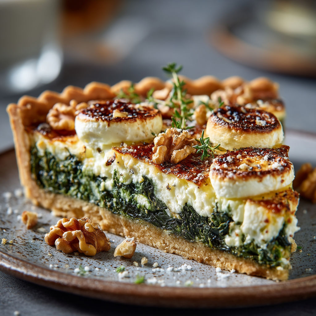 Une tarte chèvre épinard sur un plateau.