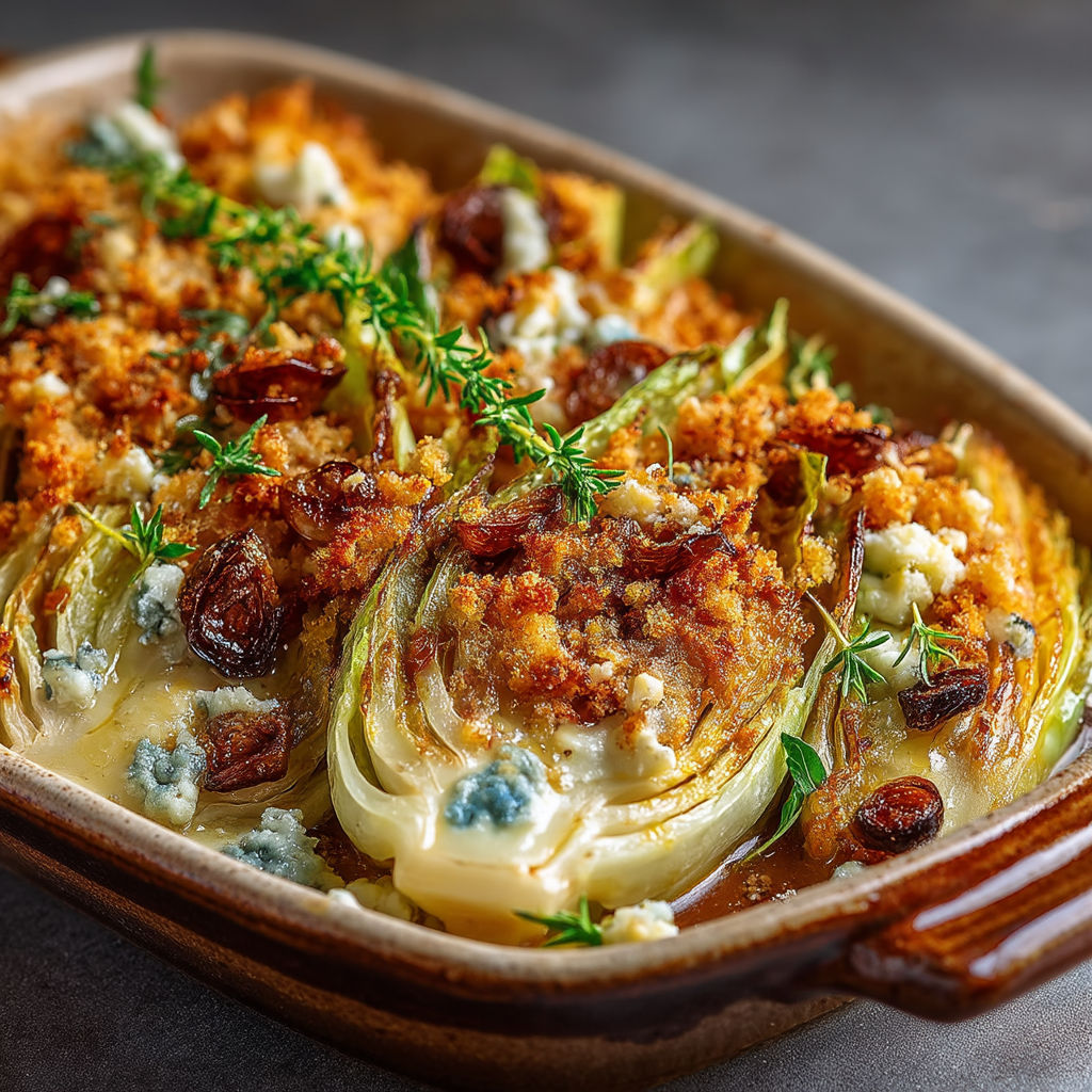 Une assiette de crumble d'endives au bleu.