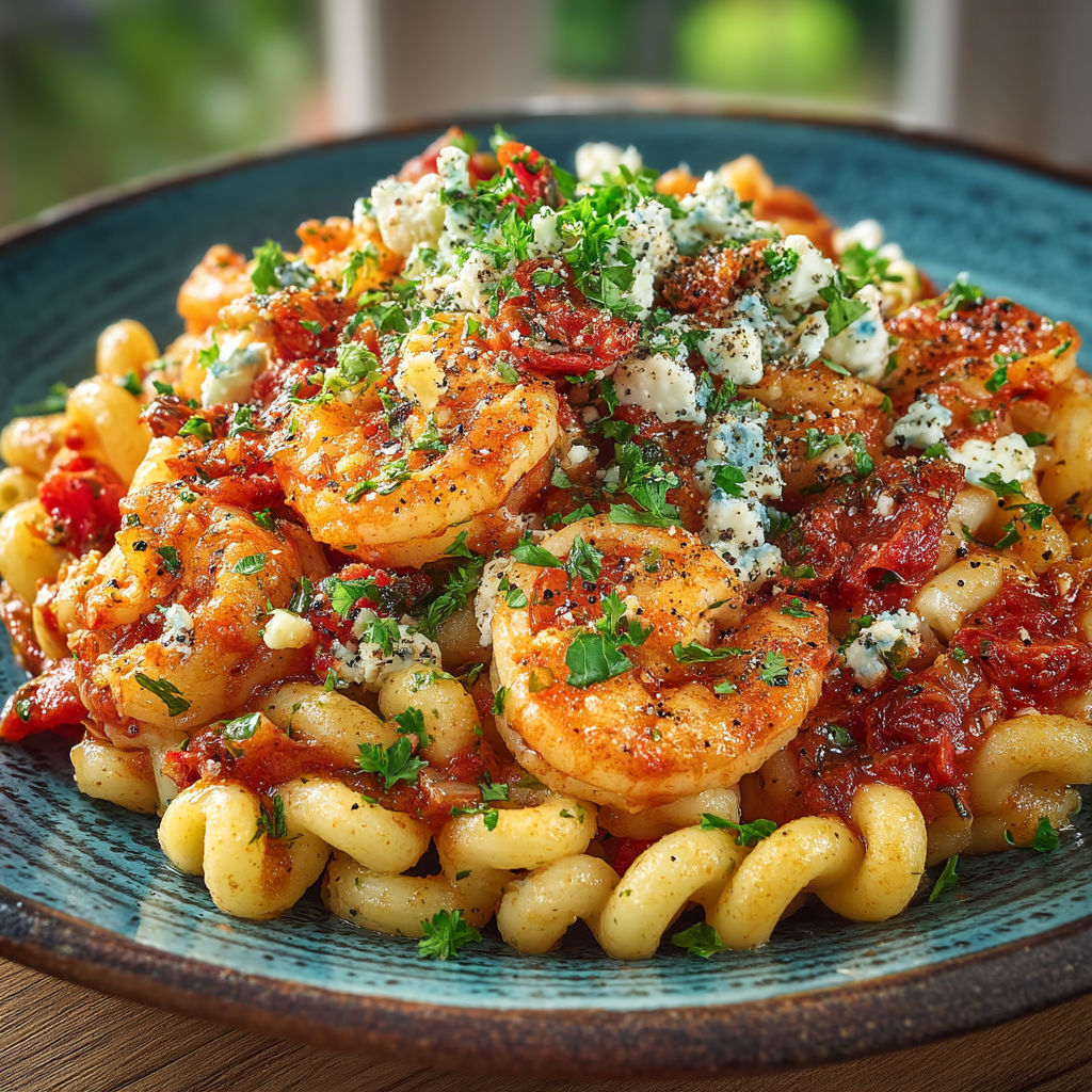 Pâtes aux crevettes, tomate et feta.