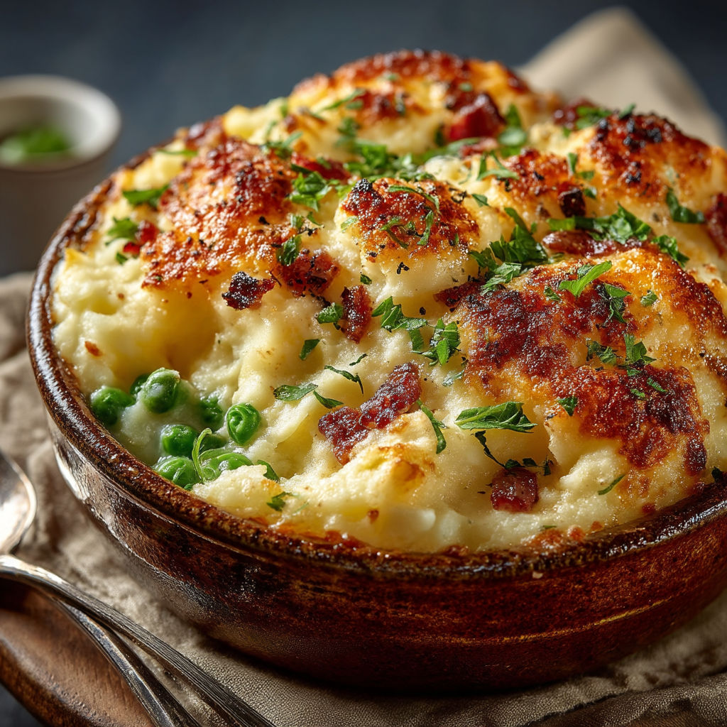 Une purée gratinée aux petits pois et bacon dans un bol.