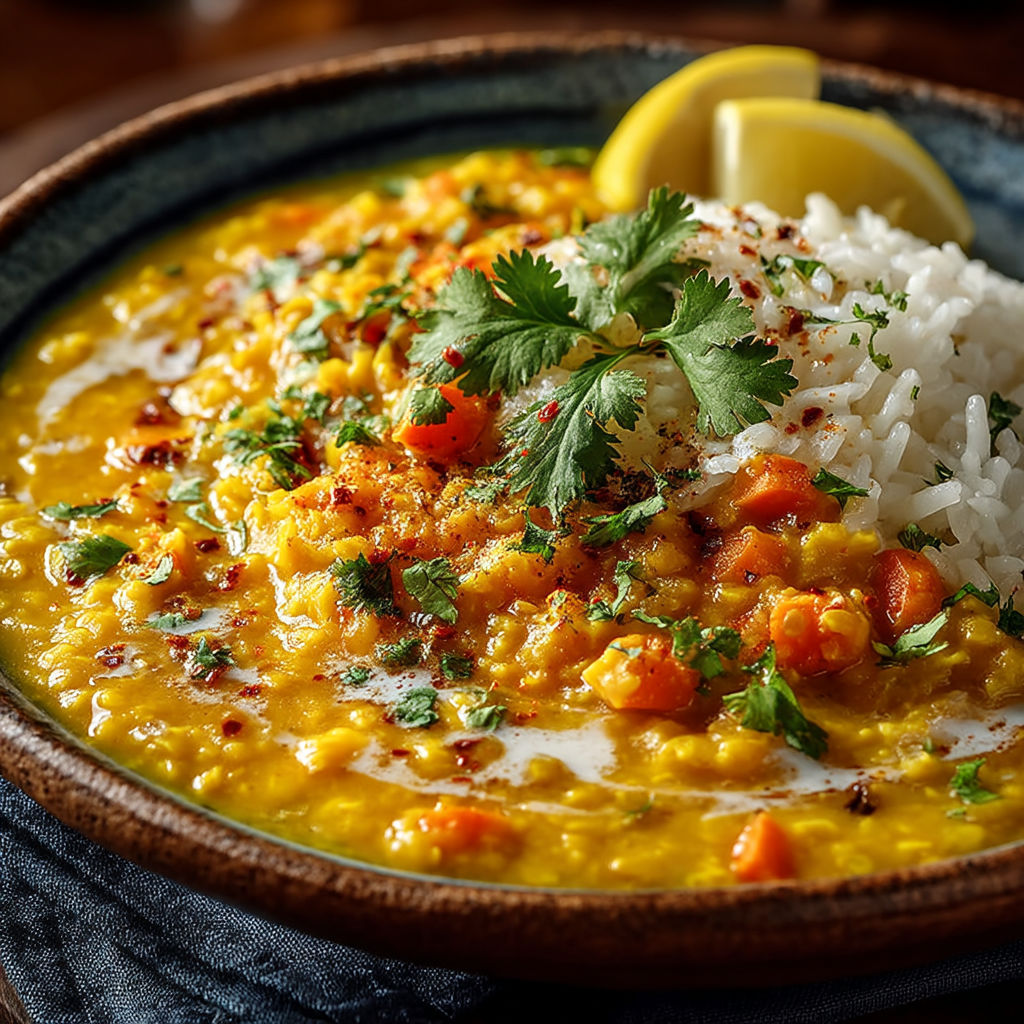 Curry de lentilles jaunes au lait de coco.