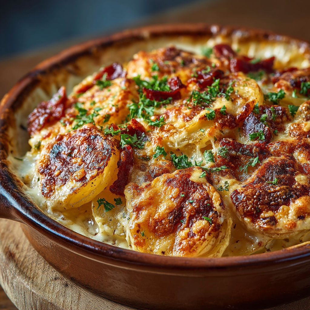 Gratin de pommes de terre, carottes et bacon.