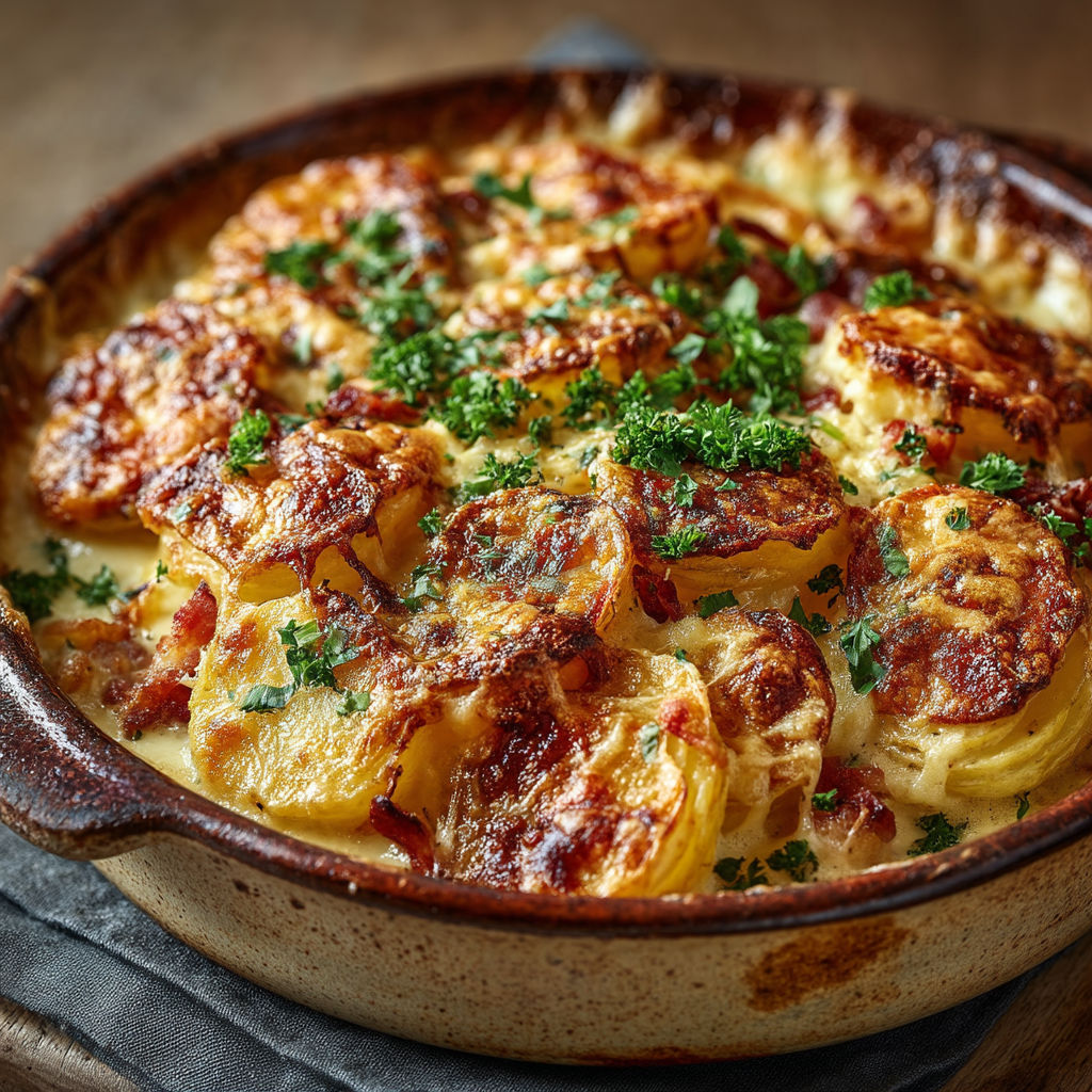 Une casserole de pommes de terre et de fromage.