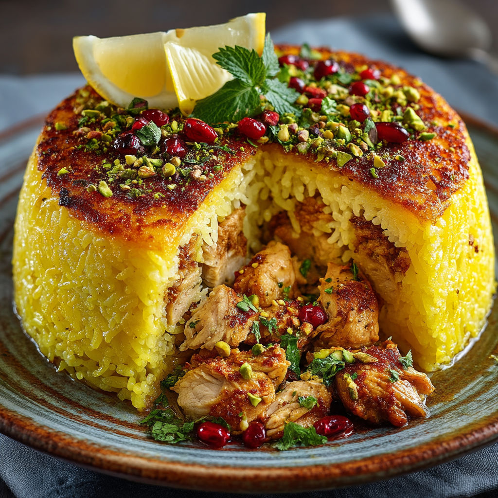 Riz à l'iranienne au poulet façon Tahchine.