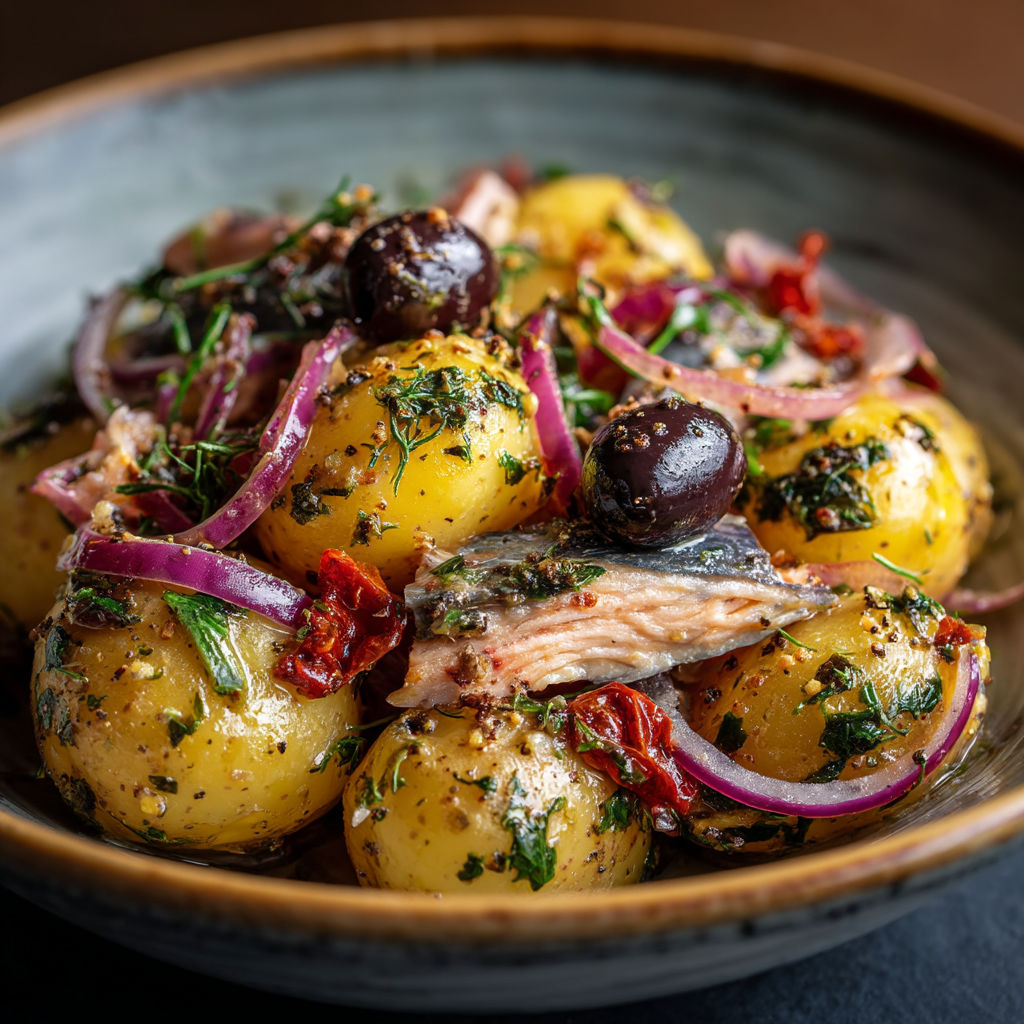 Un plat de légumes et de poivrons avec des olives et des herbes.