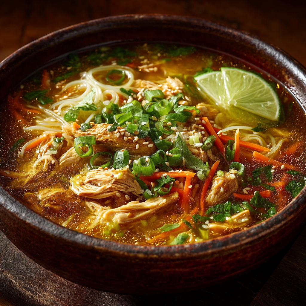 Soupe miso au poulet et vermicelles de riz.