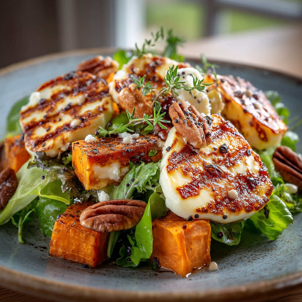 Salade de patates douces rôties & halloumi.