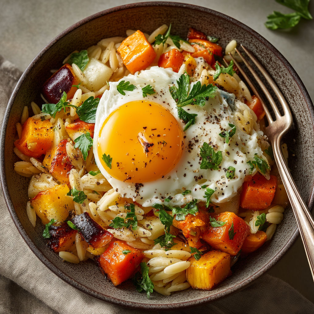 Une assiette de riz avec des légumes et une omelette.
