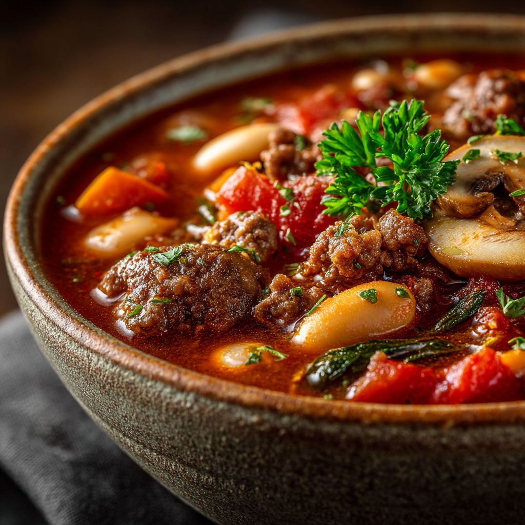 Ragoût de boeuf haché aux champignons et haricots blancs.