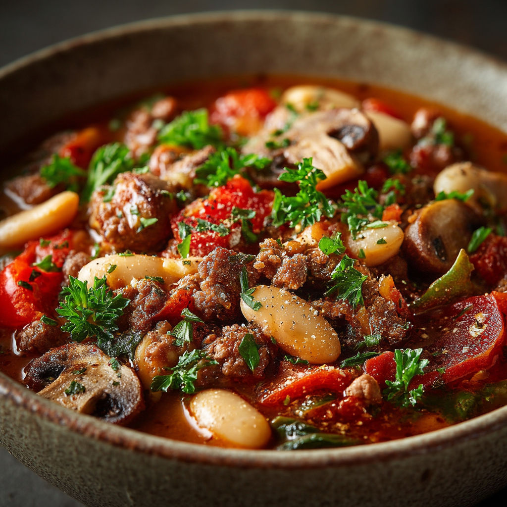 Un plat de soupes avec des légumes et des viandes.