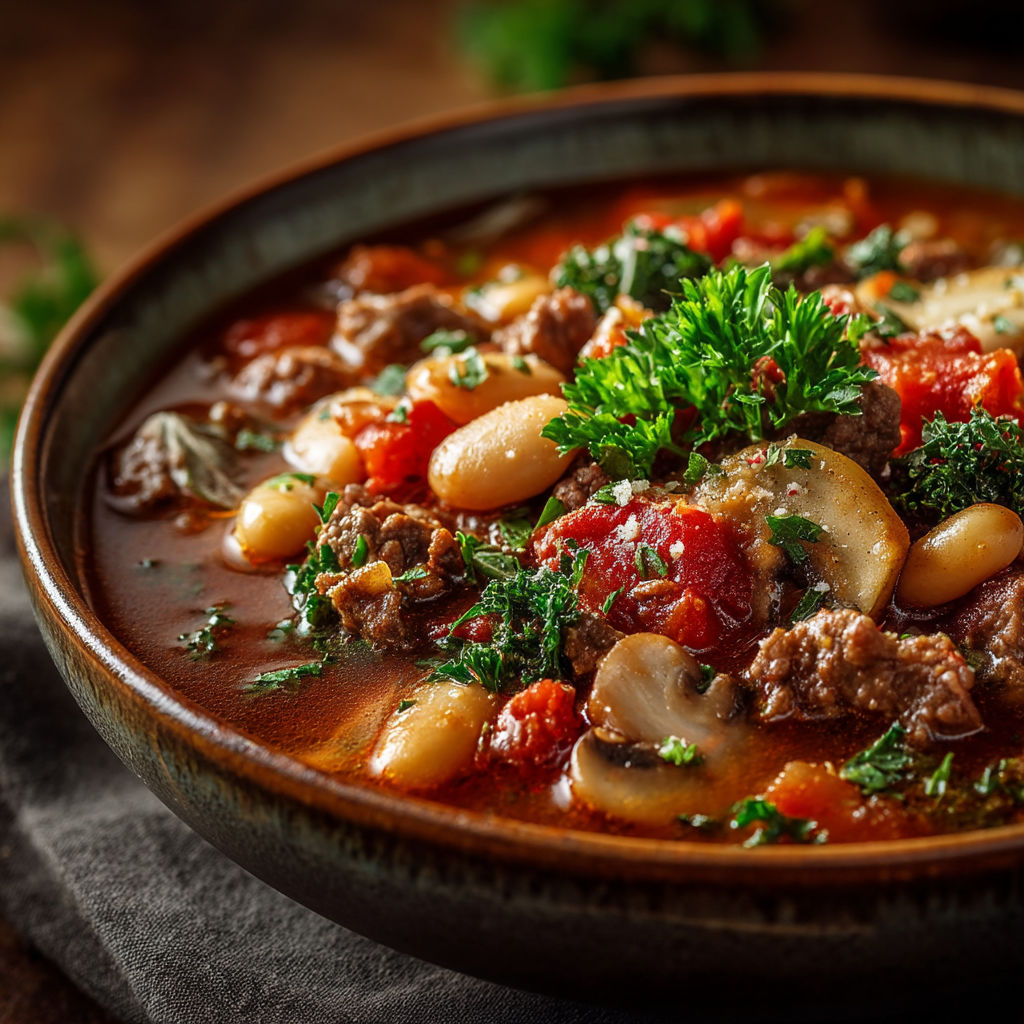 Un bol de soupes avec des légumes et des viandes.
