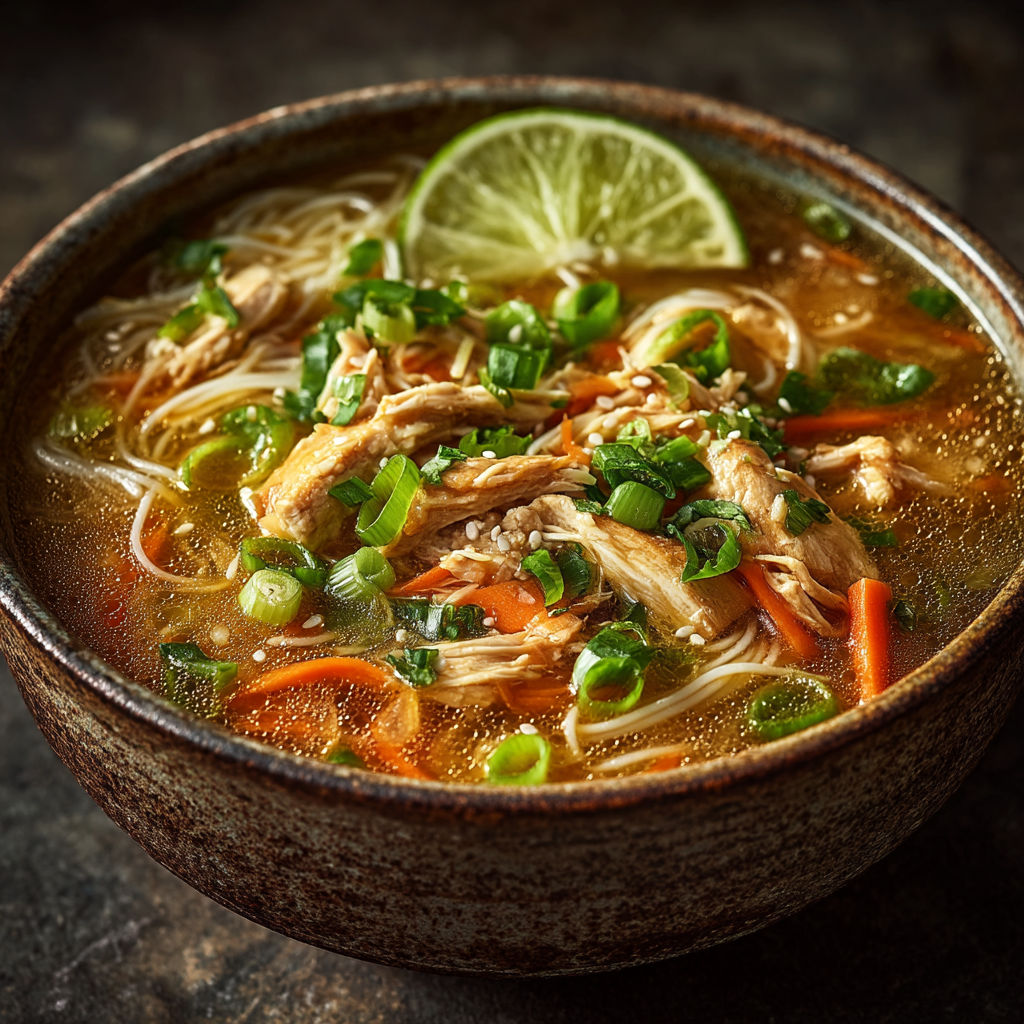 Une soupe chinoise avec des légumes verts et des carottes.