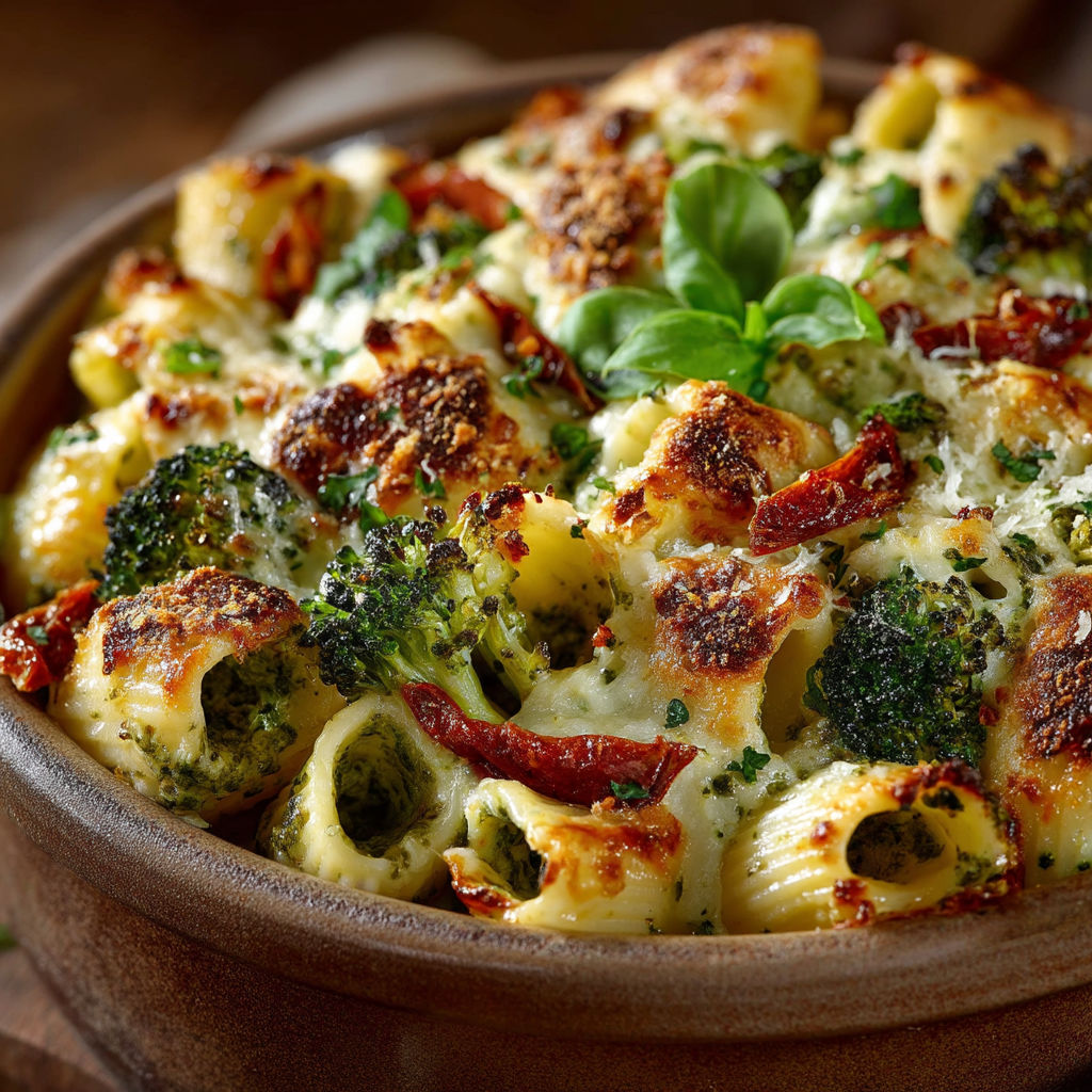Gratin de pâtes aux légumes, pesto et brie.