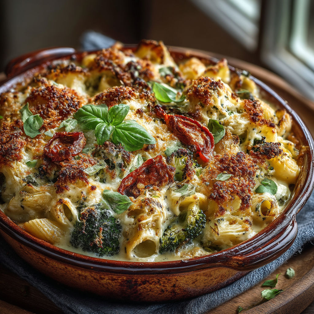 Une casserole de macaroni et de brocoli.