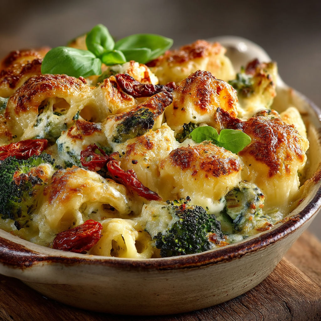 Une casserole de macaroni avec des légumes verts.
