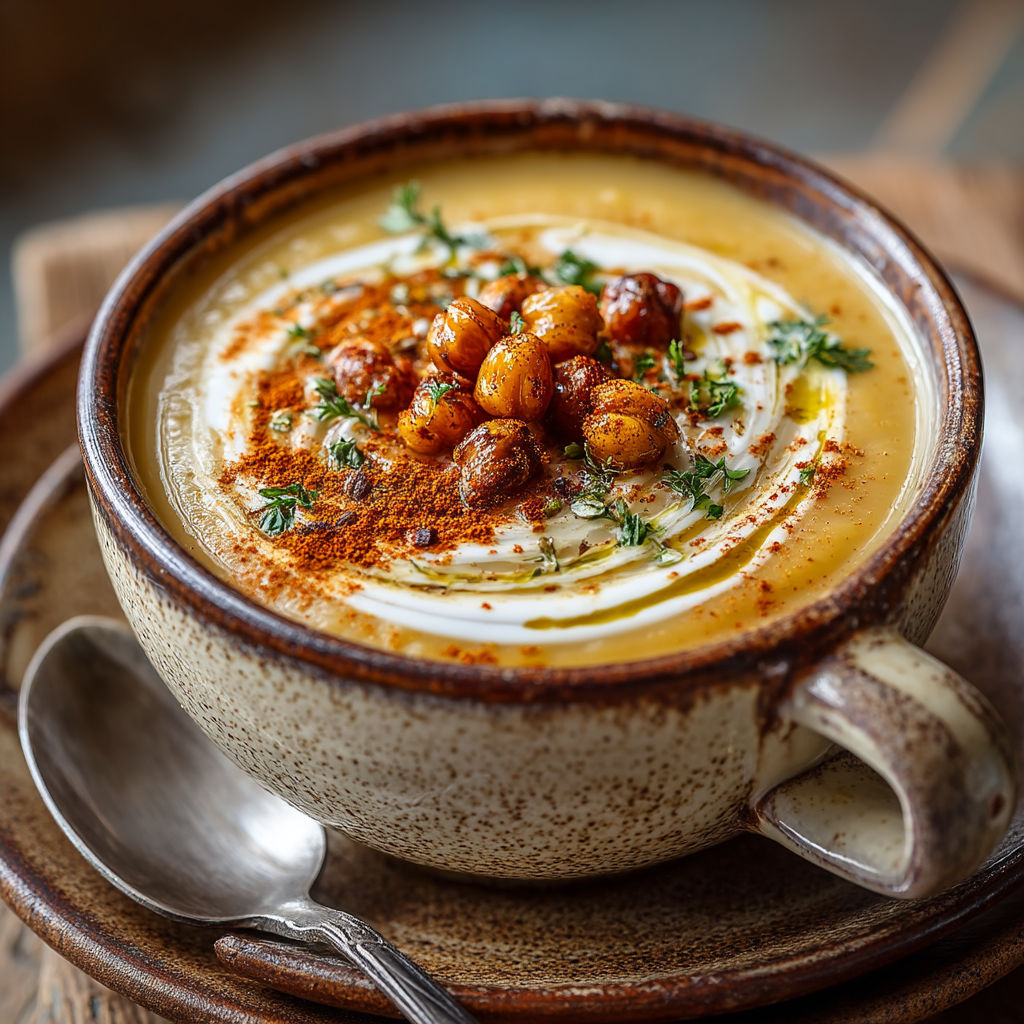 Une tasse de soupes avec des noix et des herbes.