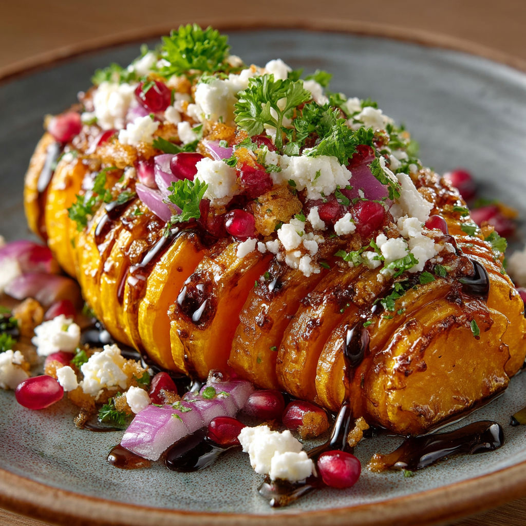 Une poignée de feta et de grenade sur un hasselback de butternut.