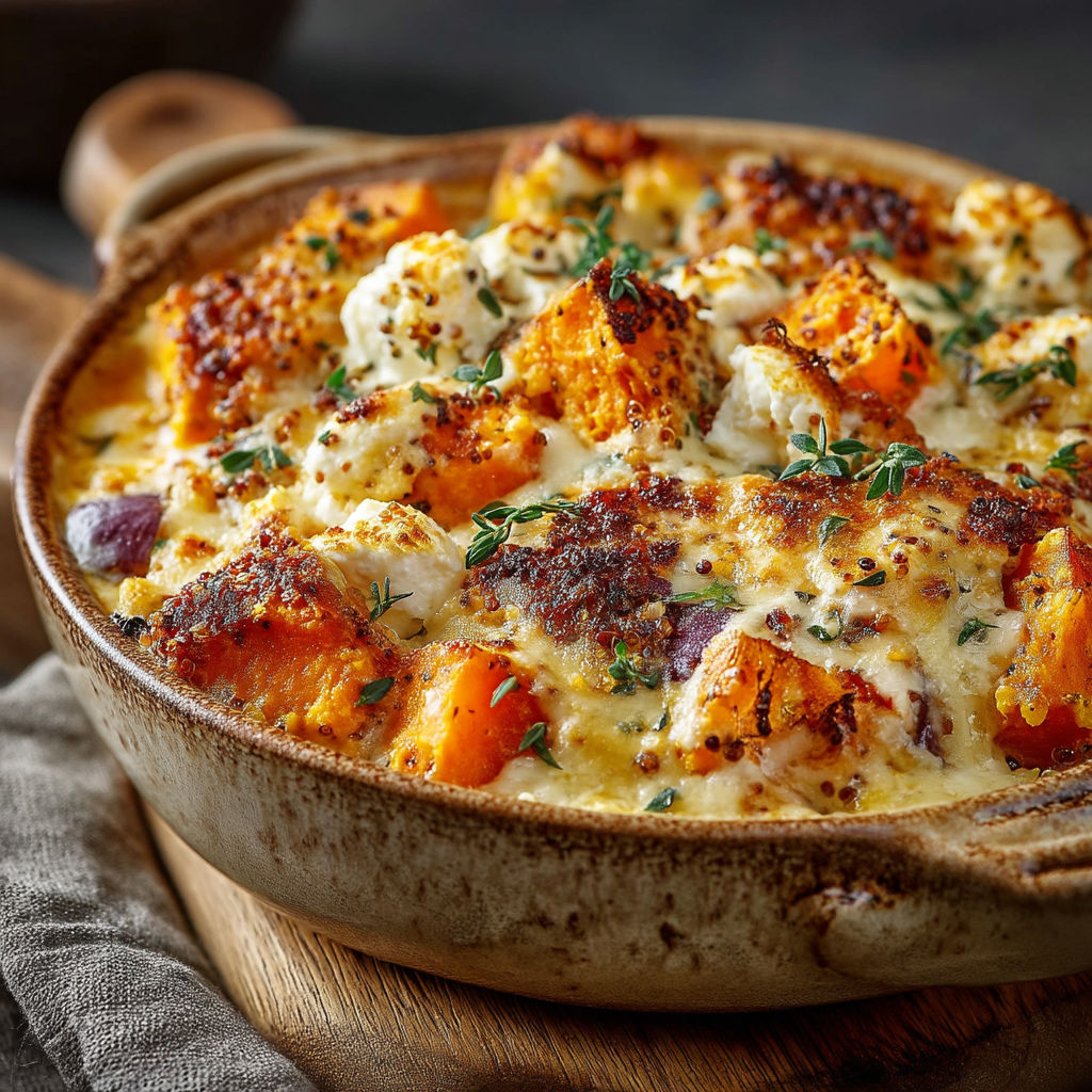 Gratin de patates douces, potimarron, quinoa & chèvre frais.