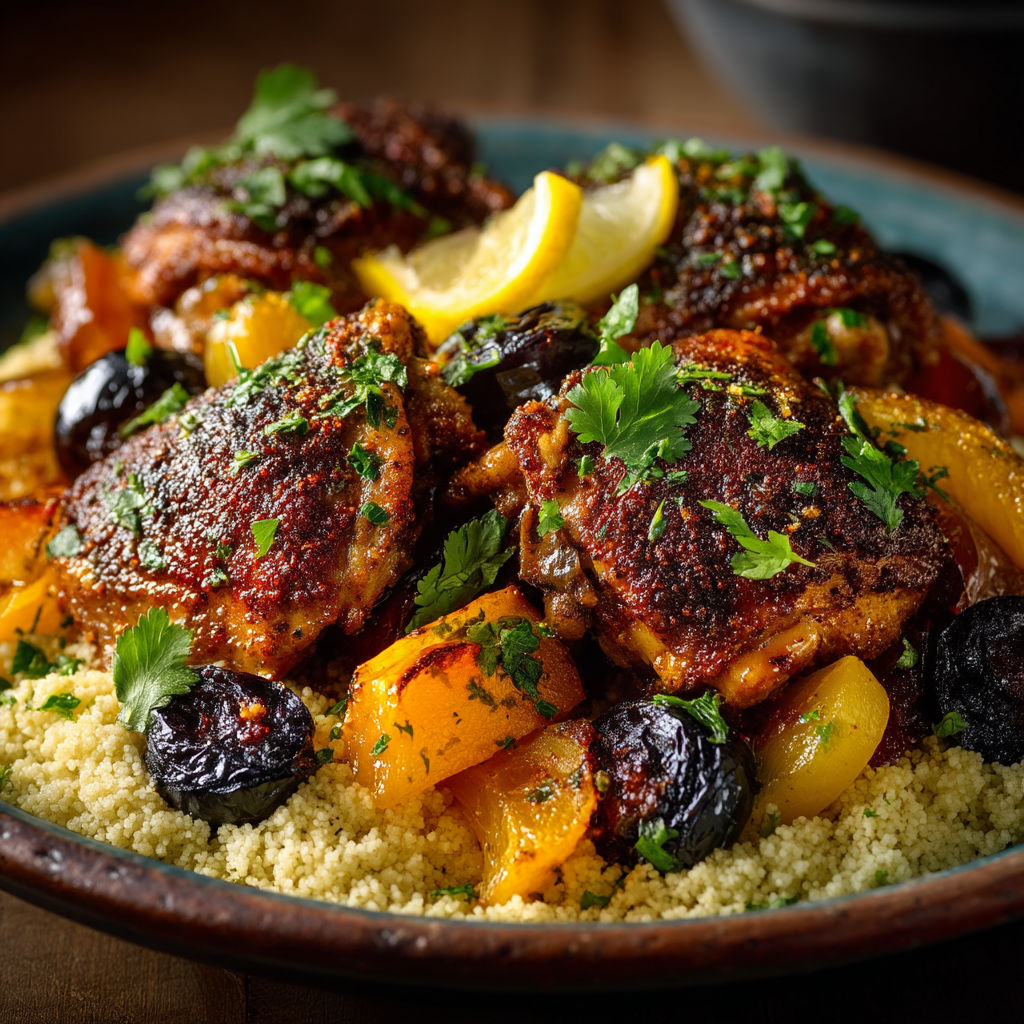 Une assiette de poulet grillé avec des légumes et des fruits.