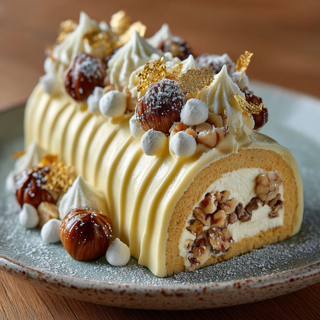 Une bûche de vanille et marron glacée avec une crème au beurre légère.