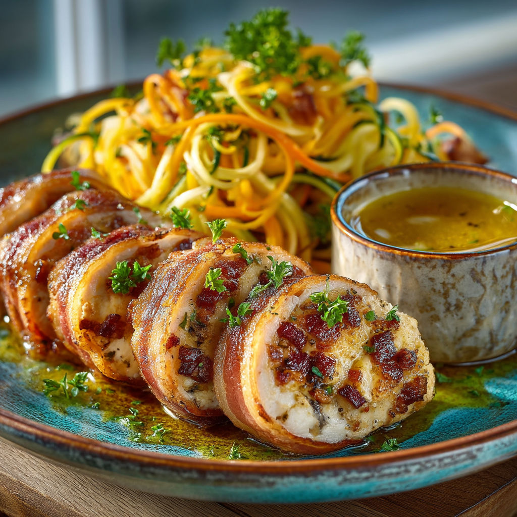 Rôti de lotte farci lardé, spaghettis de légumes de saison sautés & beurre d’agrumes.