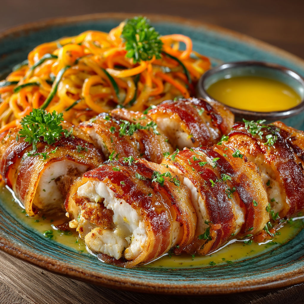 Rôti de lotte farci lardé, spaghettis de légumes de saison sautés & beurre d’agrumes.