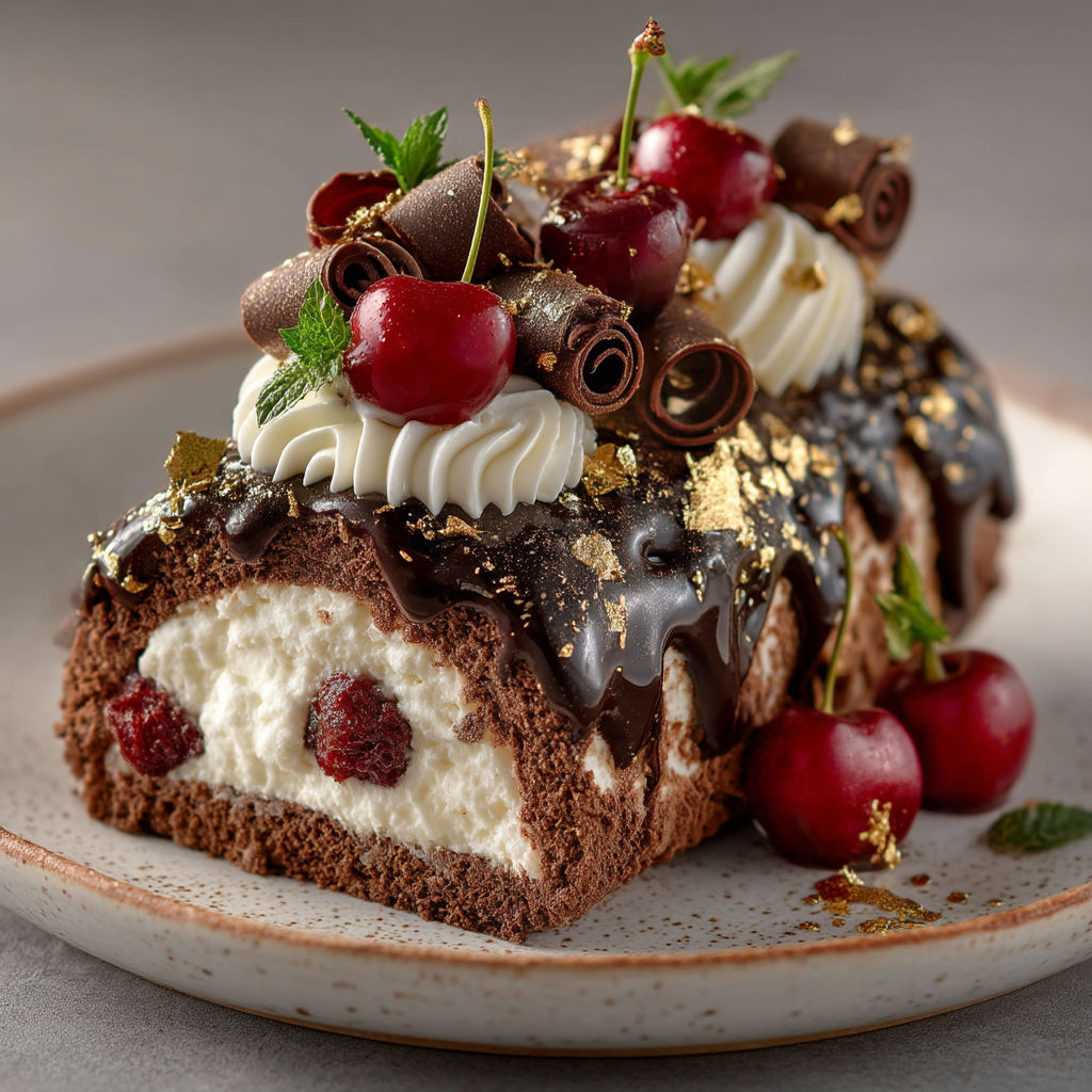 Une tarte aux cerises et chocolat garnie de fruits rouges.