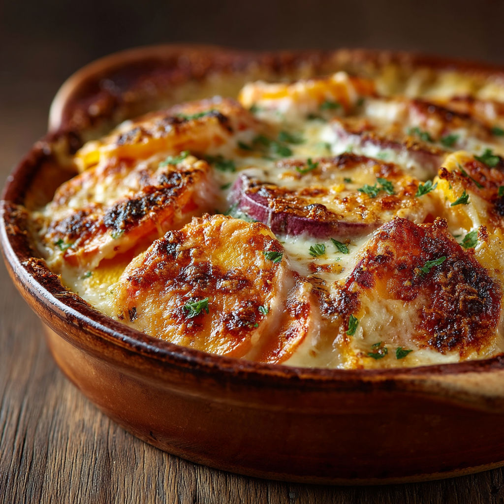 Une casserole de pommes de terre et de fromage.