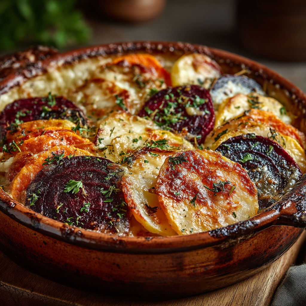 Une casserole de légumes et de fromage.