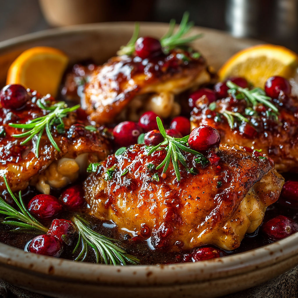 Un plat de poulet laqué aux cranberries et orange.