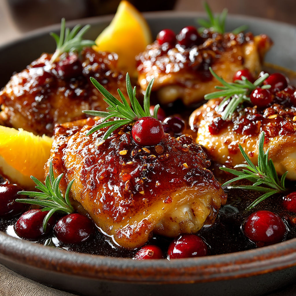 Chicken with sauce and fruit.