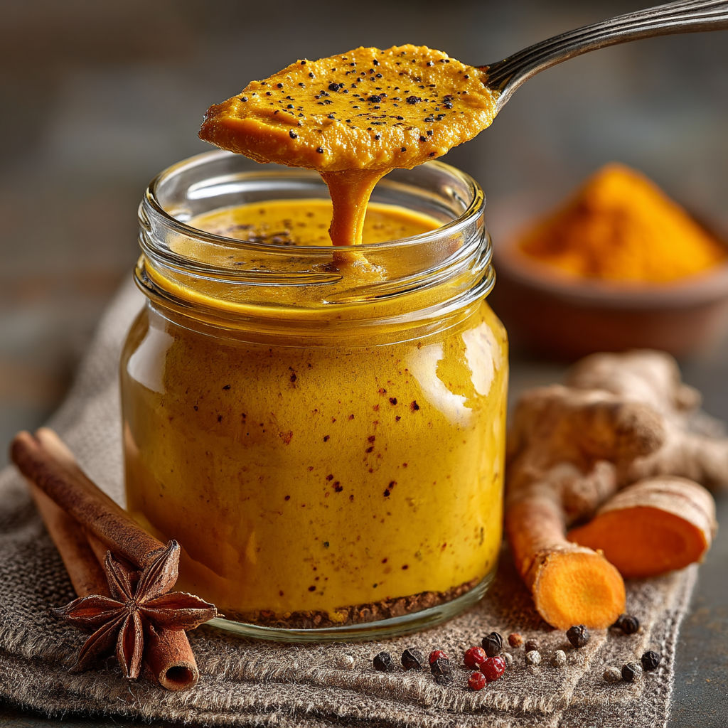 Une jarre de pâte de curcuma maison pour Golden Latte.