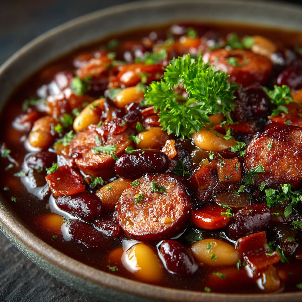 Une soupe chaude avec des chili, des haricots, des tomates et des lardons.