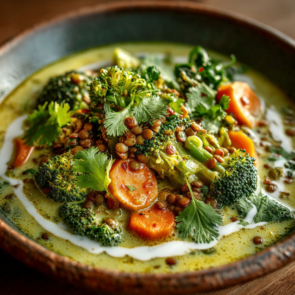 Une assiette de soupes avec des légumes verts et des carottes.