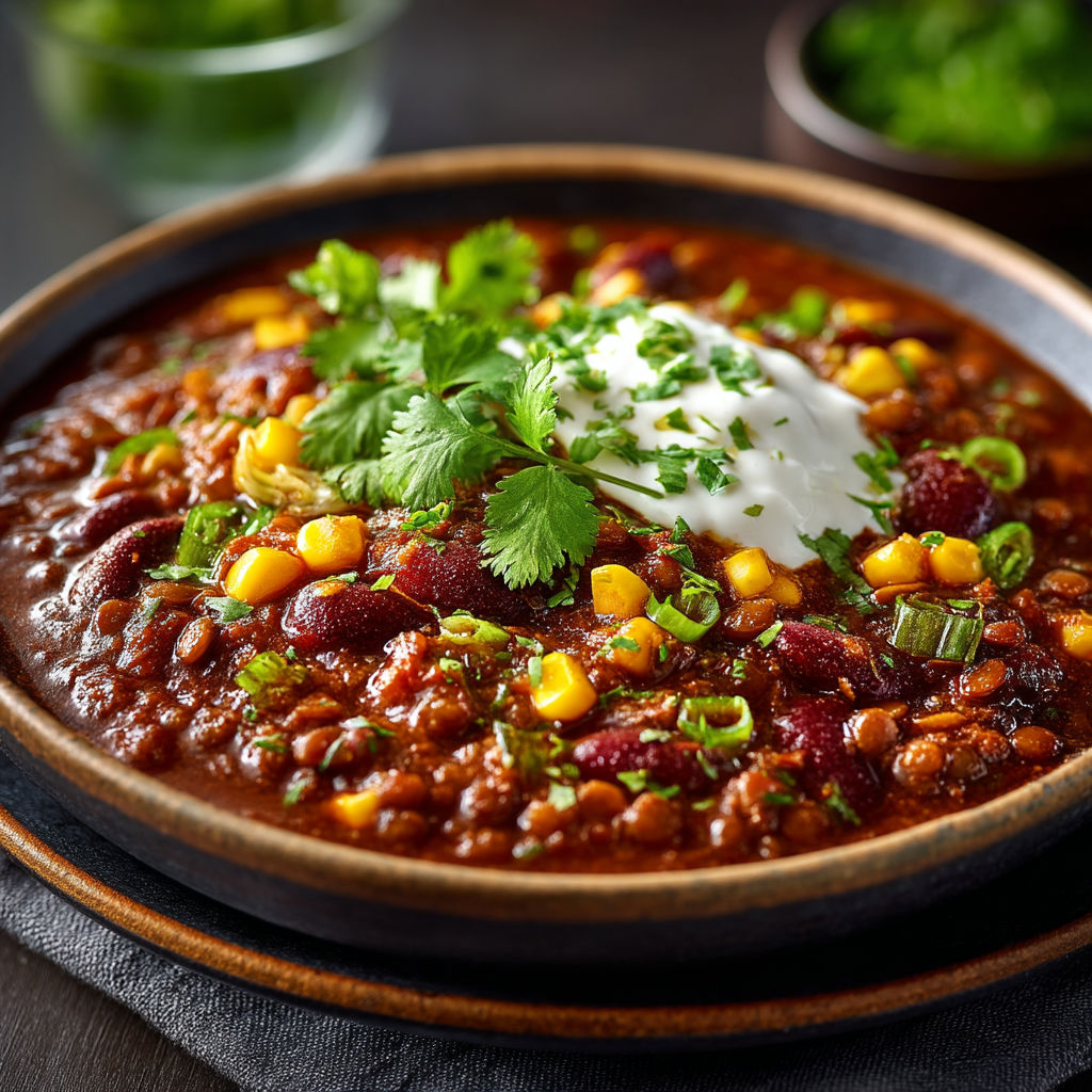 Chili végétarien aux lentilles et haricots à la mijoteuse.