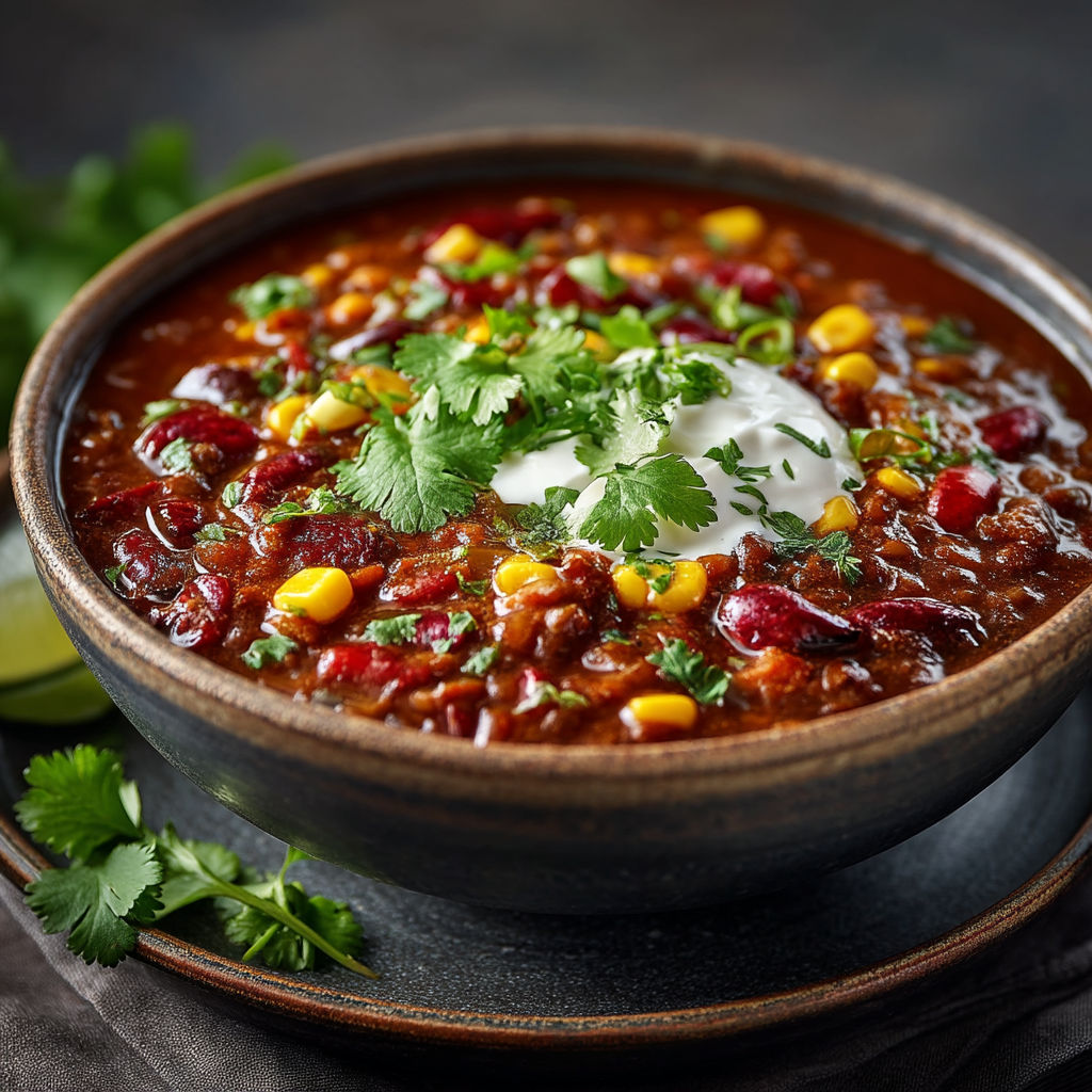 Un bol de chili avec des légumes verts.