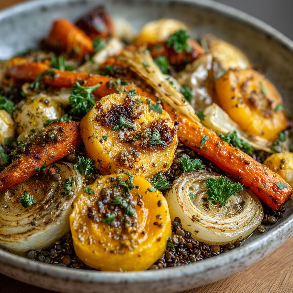 Une assiette de légumes d'automne rôtis, lentilles et quinoa.