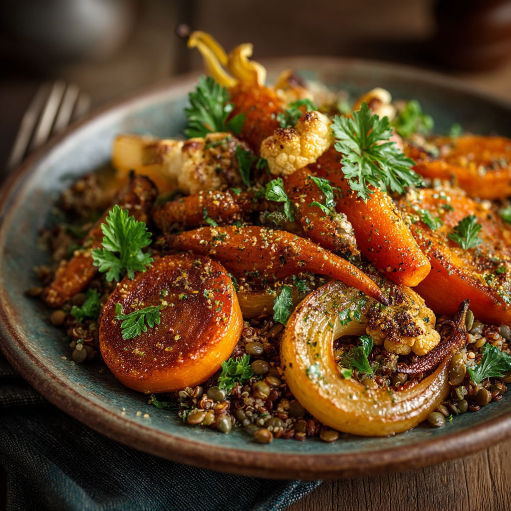 Une assiette de légumes d'automne rôtis, lentilles et quinoa.