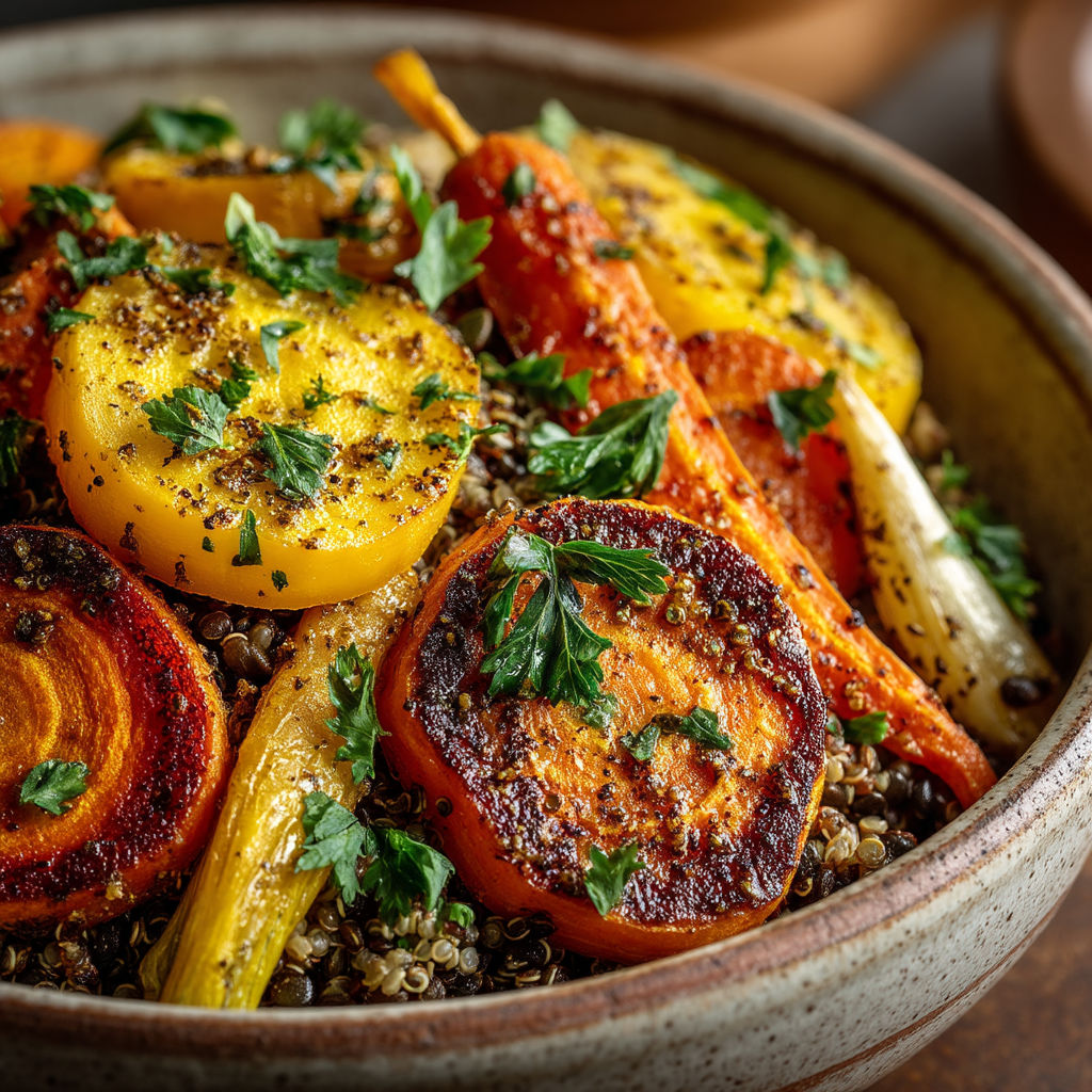 Une assiette de légumes d'automne rôtis, lentilles et quinoa.