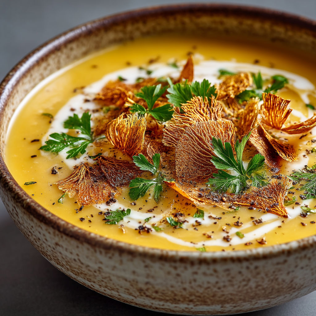 Une soupe de velouté de butternut et cerfeuil tubéreux au Companion.