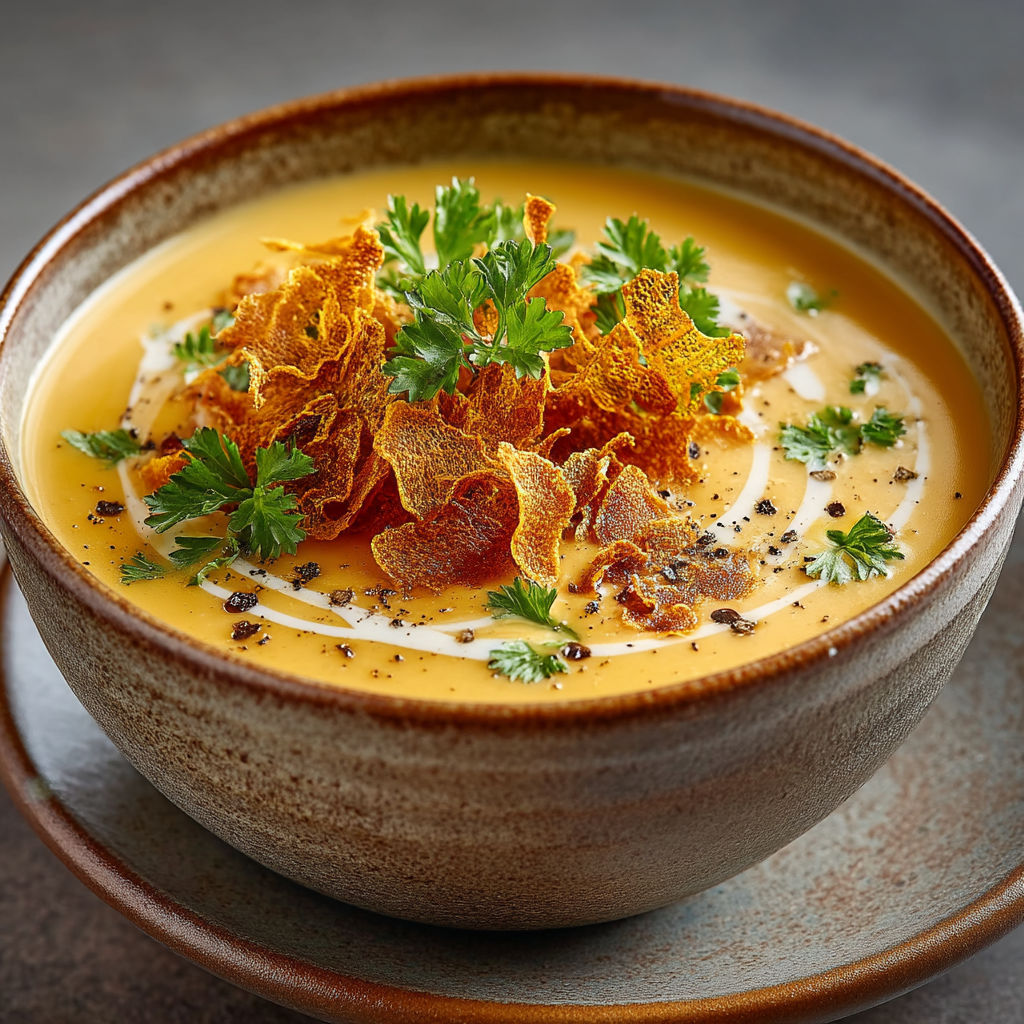 Une soupe chaude avec des herbes et des noix de cacao.