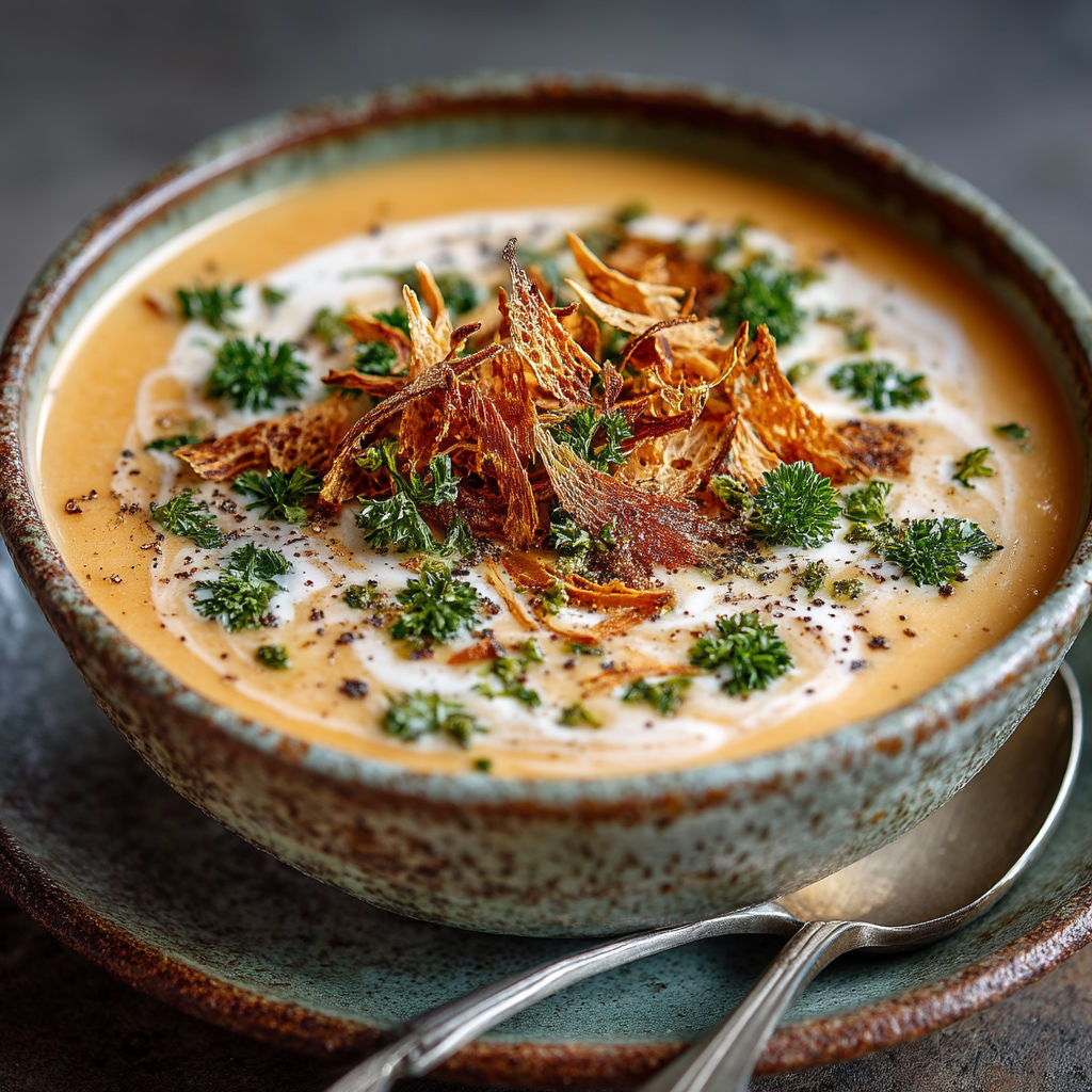 Une soupe chaude avec des herbes et des épices.