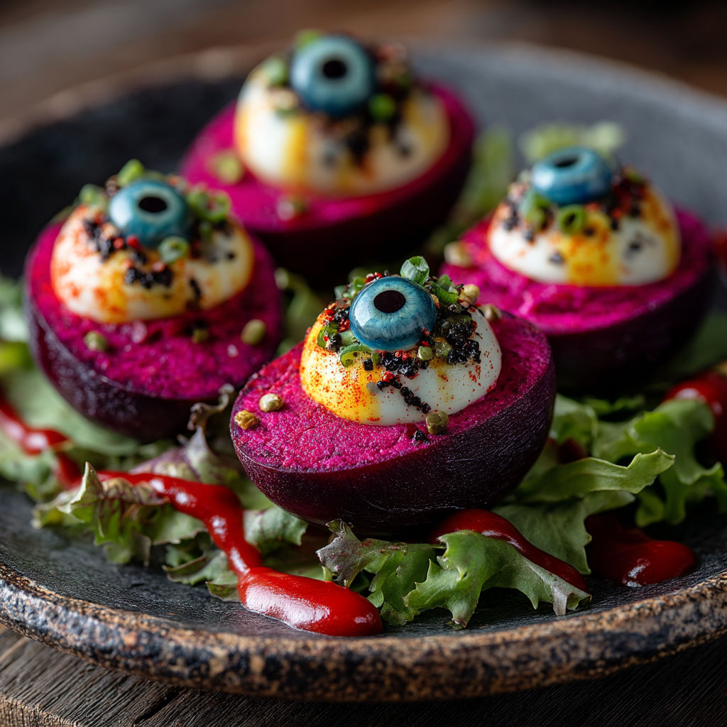 Un plat de légumes colorés avec des oeufs rouges.