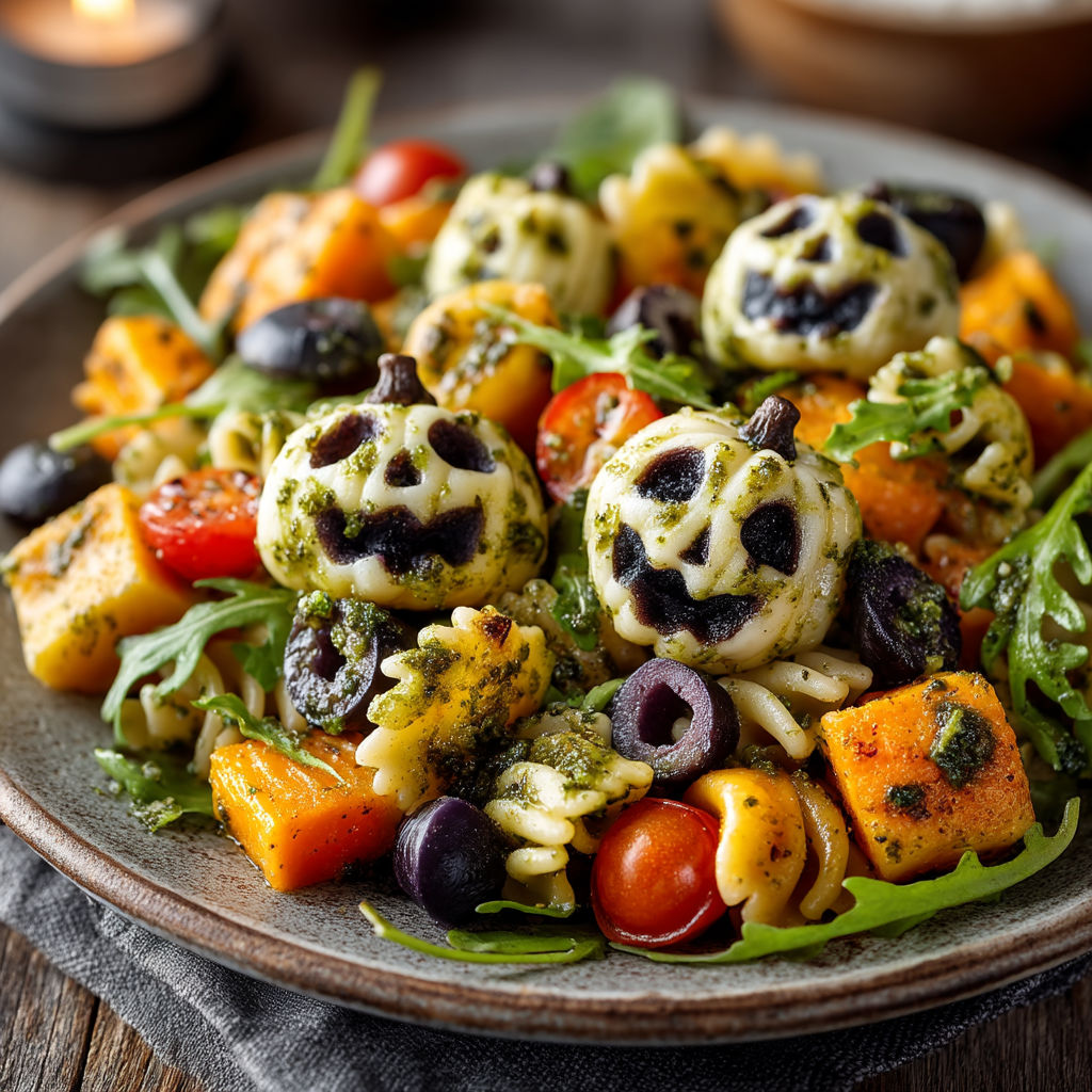 Une salade de pâtes avec des légumes et des tomates.