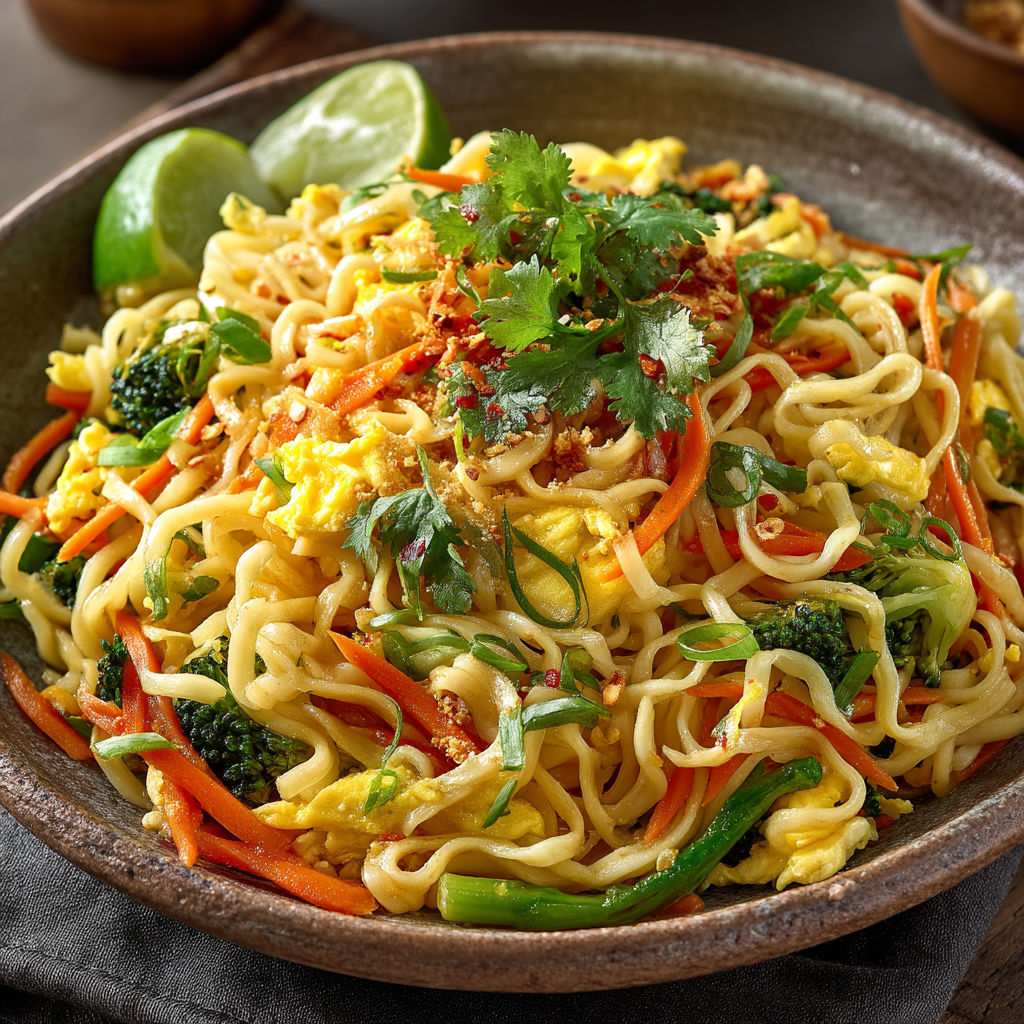 Nouilles sautés aux légumes et oeufs brouillés.